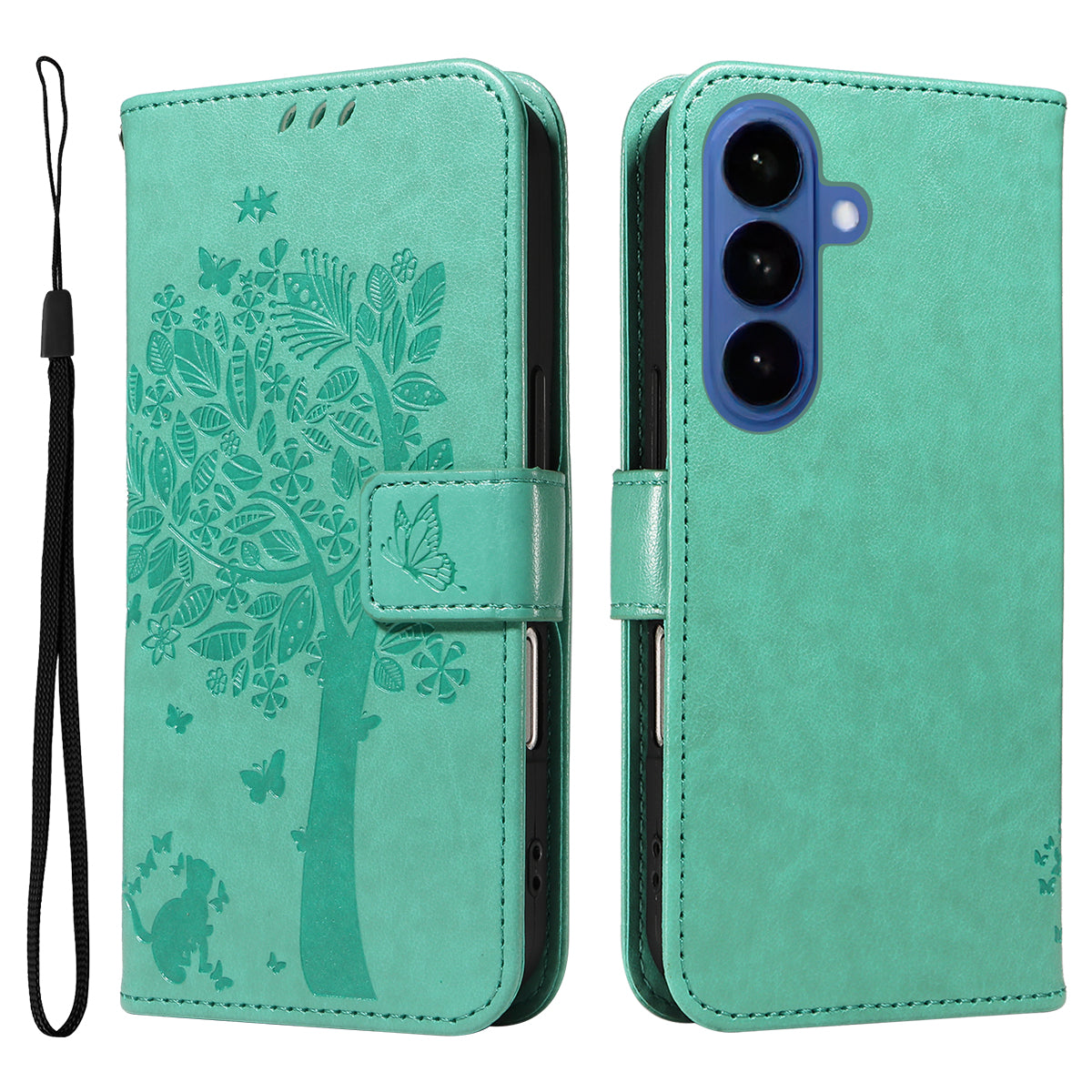 For-Samsung-Galaxy-S26-/-S26-Pro-Phone-Case-with-Stand-Cat-Tree-Pattern-Leather-Wallet-Mobile-Cover-Green