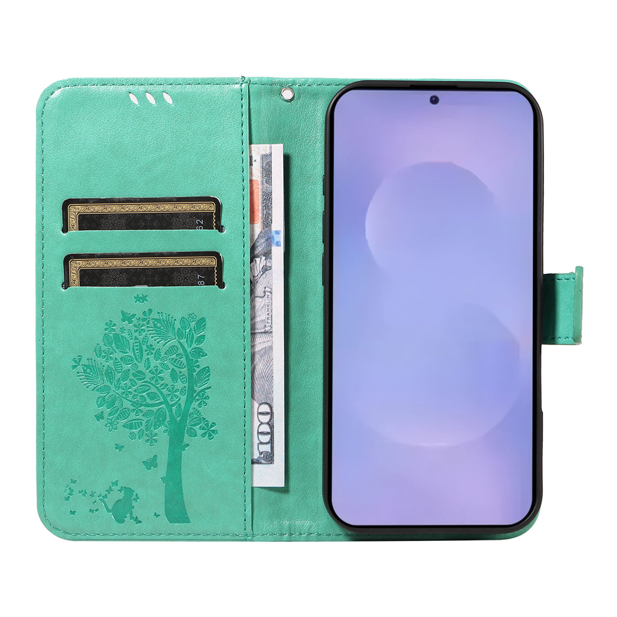 For-Samsung-Galaxy-S26-/-S26-Pro-Phone-Case-with-Stand-Cat-Tree-Pattern-Leather-Wallet-Mobile-Cover-Green