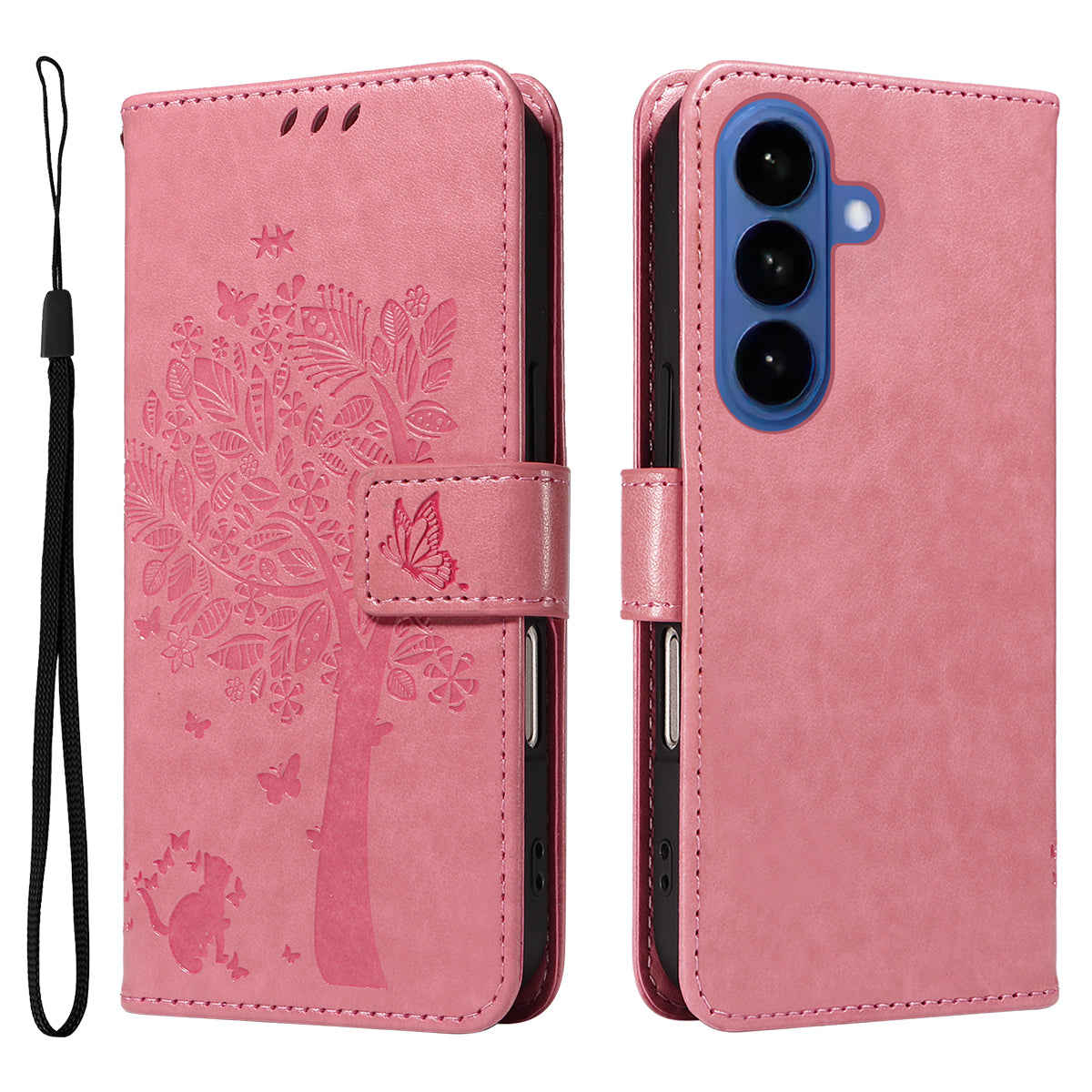 For-Samsung-Galaxy-S26-/-S26-Pro-Phone-Case-with-Stand-Cat-Tree-Pattern-Leather-Wallet-Mobile-Cover-Pink