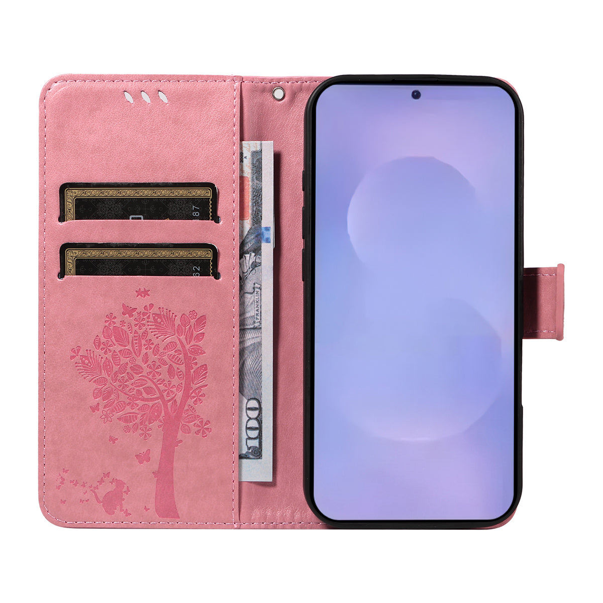 For-Samsung-Galaxy-S26-/-S26-Pro-Phone-Case-with-Stand-Cat-Tree-Pattern-Leather-Wallet-Mobile-Cover-Pink