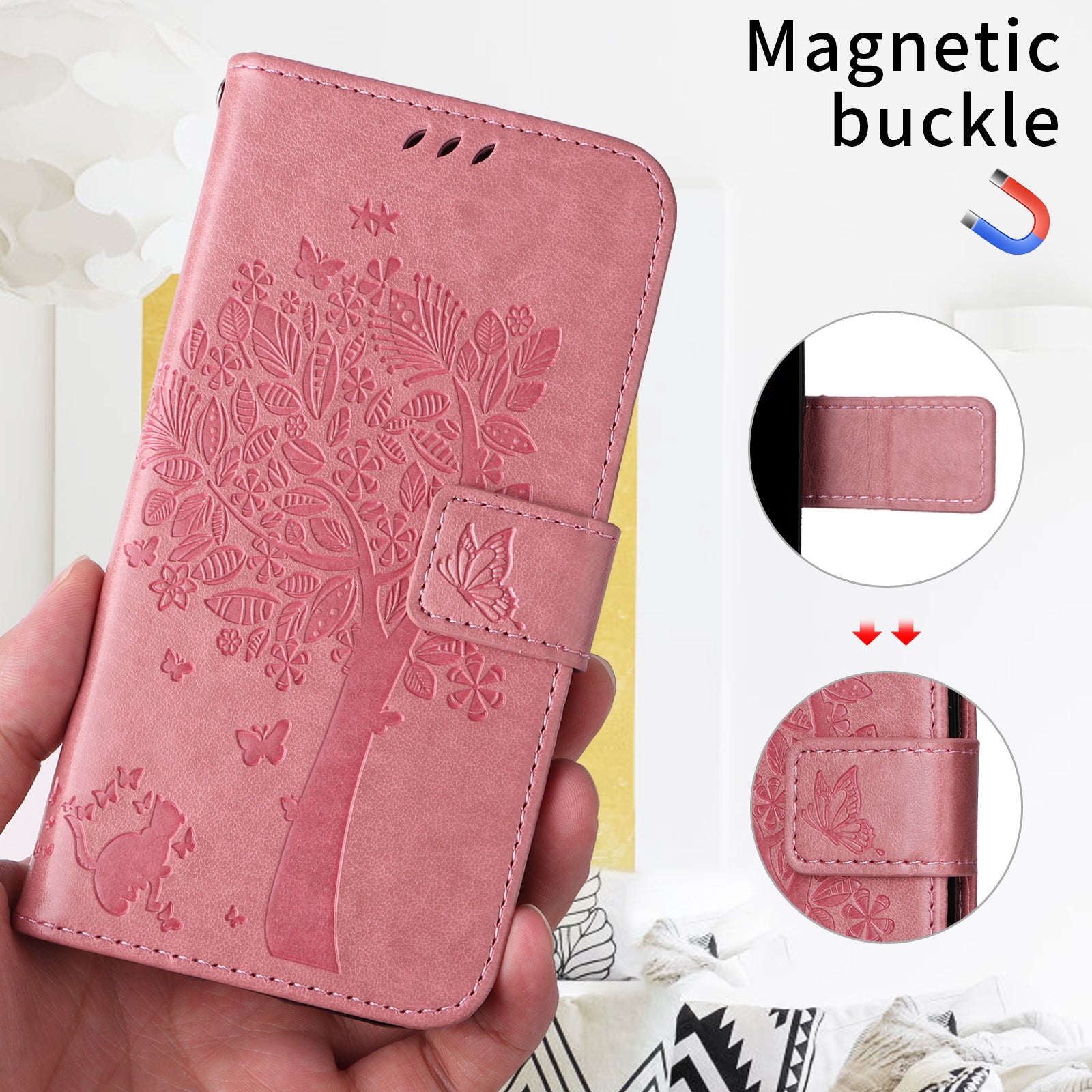 For-Samsung-Galaxy-S26-/-S26-Pro-Phone-Case-with-Stand-Cat-Tree-Pattern-Leather-Wallet-Mobile-Cover-Pink