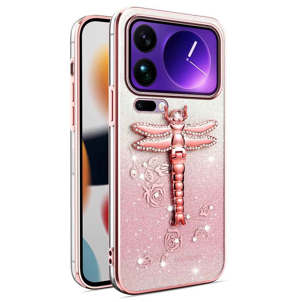 KADEM For Xiaomi 17 Pro Case Dragonfly Kickstand TPU Flowers Glitter Phone Cover - Pink