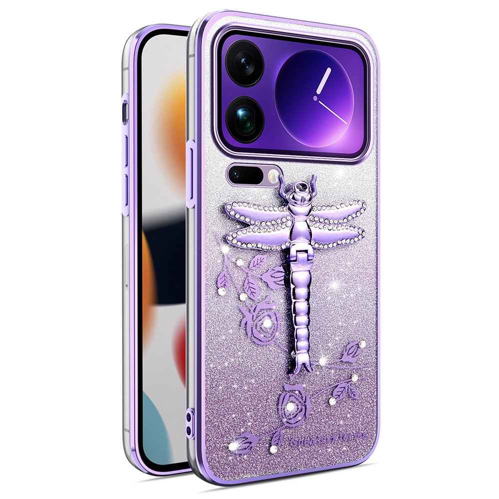 KADEM For Xiaomi 17 Pro Case Dragonfly Kickstand TPU Flowers Glitter Phone Cover - Purple