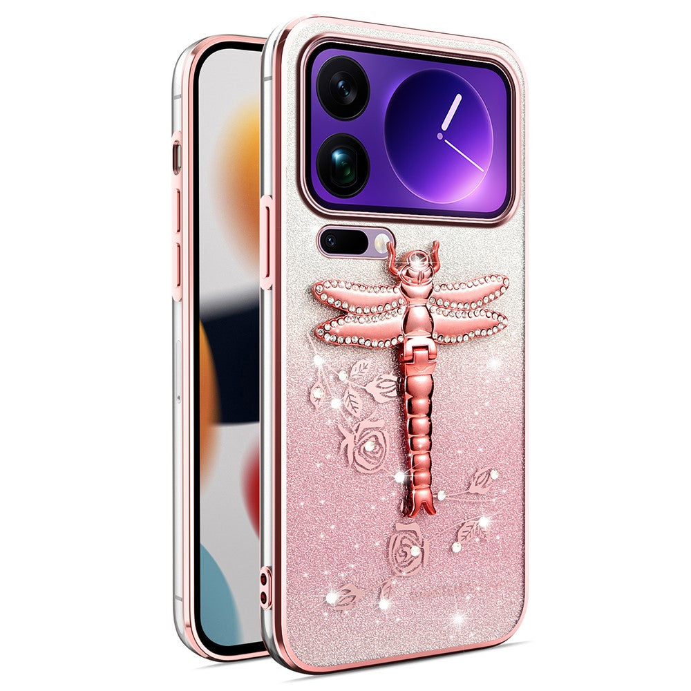 KADEM For Xiaomi 17 Pro Max Case Dragonfly Kickstand TPU Flowers Glitter Phone Cover - Pink