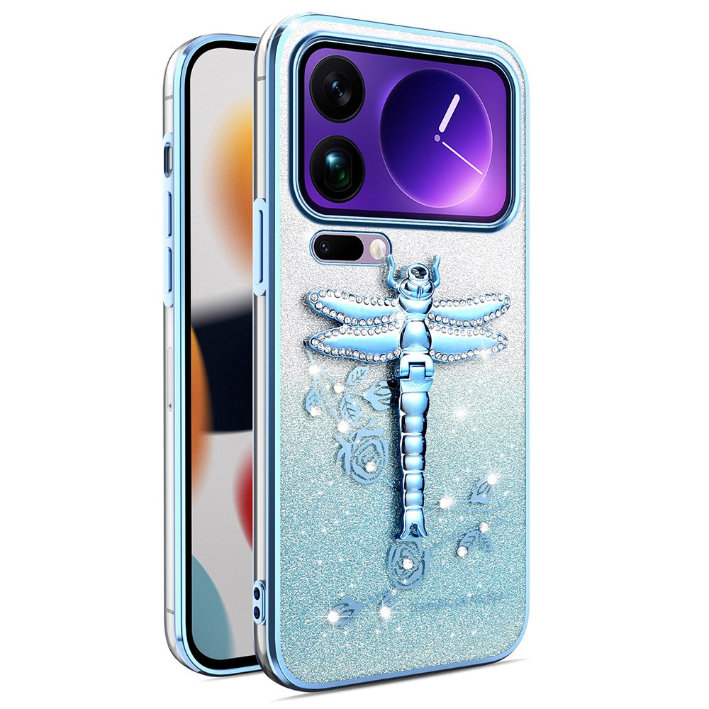 KADEM For Xiaomi 17 Pro Max Case Dragonfly Kickstand TPU Flowers Glitter Phone Cover - Blue