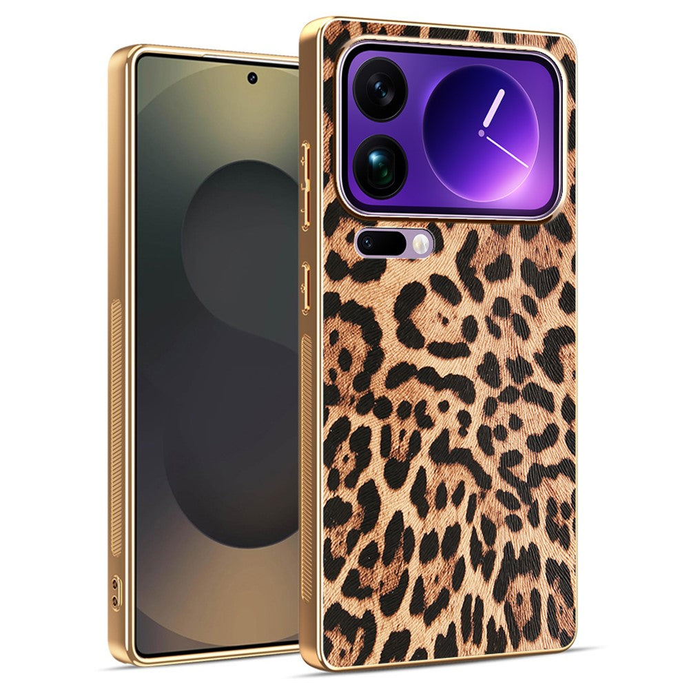 For Xiaomi 17 Pro Max Case Leopard Print PU Leather Coated PC + TPU Electroplating Phone Cover
