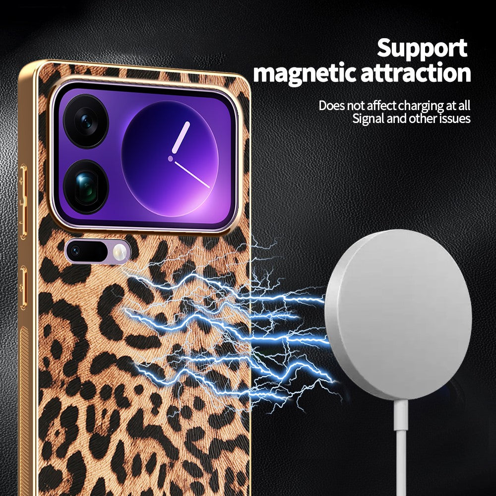 For Xiaomi 17 Pro Max Case Leopard Print PU Leather Coated PC + TPU Electroplating Phone Cover