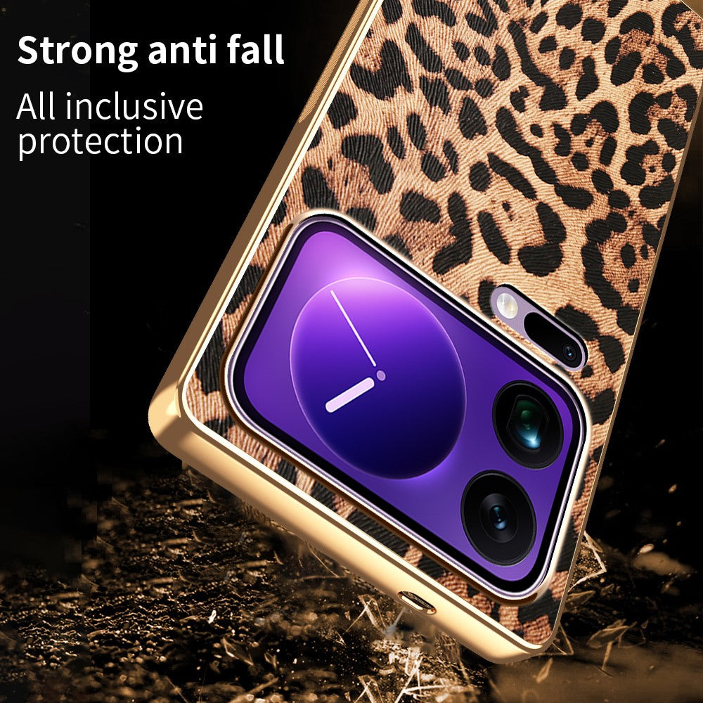 For Xiaomi 17 Pro Max Case Leopard Print PU Leather Coated PC + TPU Electroplating Phone Cover
