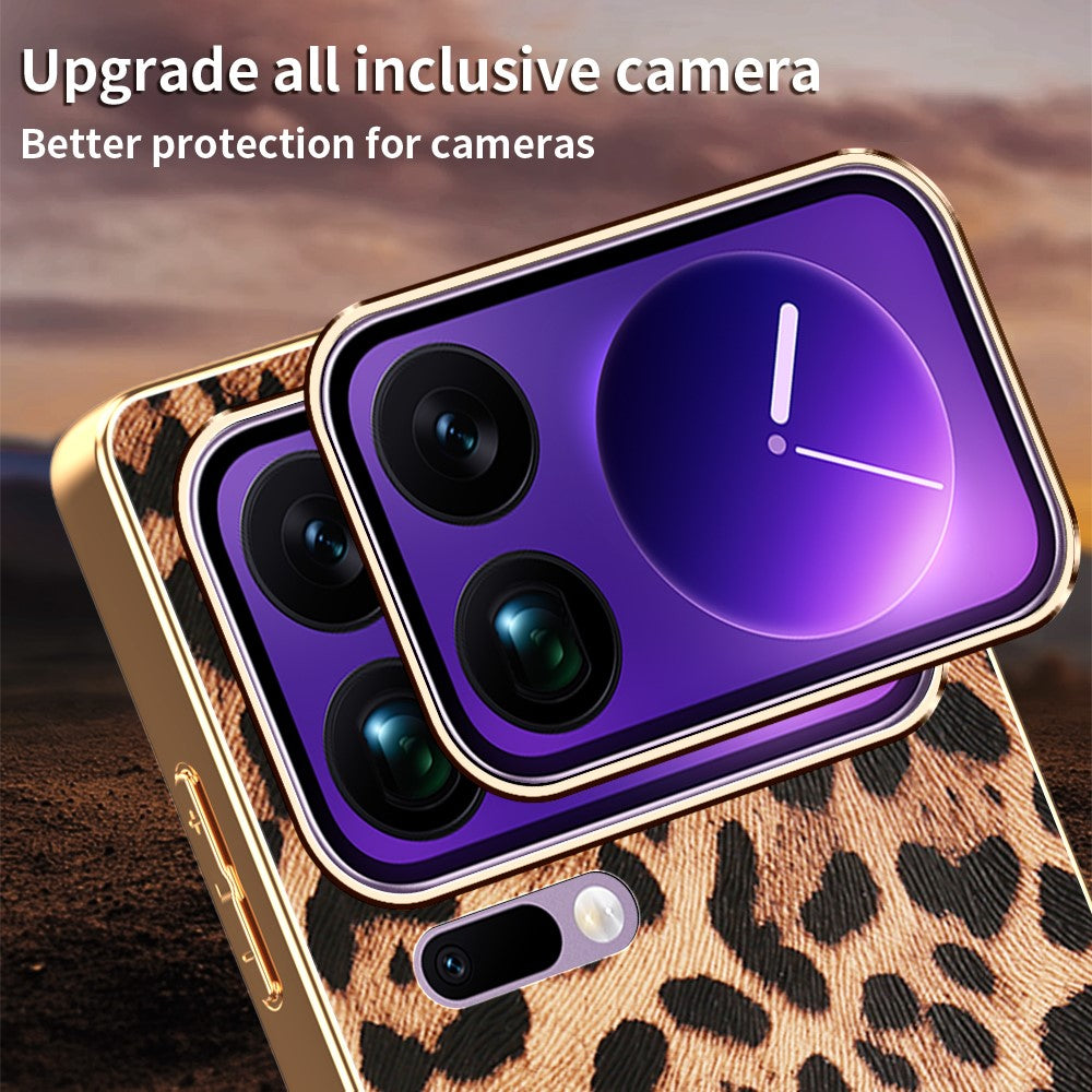 For Xiaomi 17 Pro Max Case Leopard Print PU Leather Coated PC + TPU Electroplating Phone Cover
