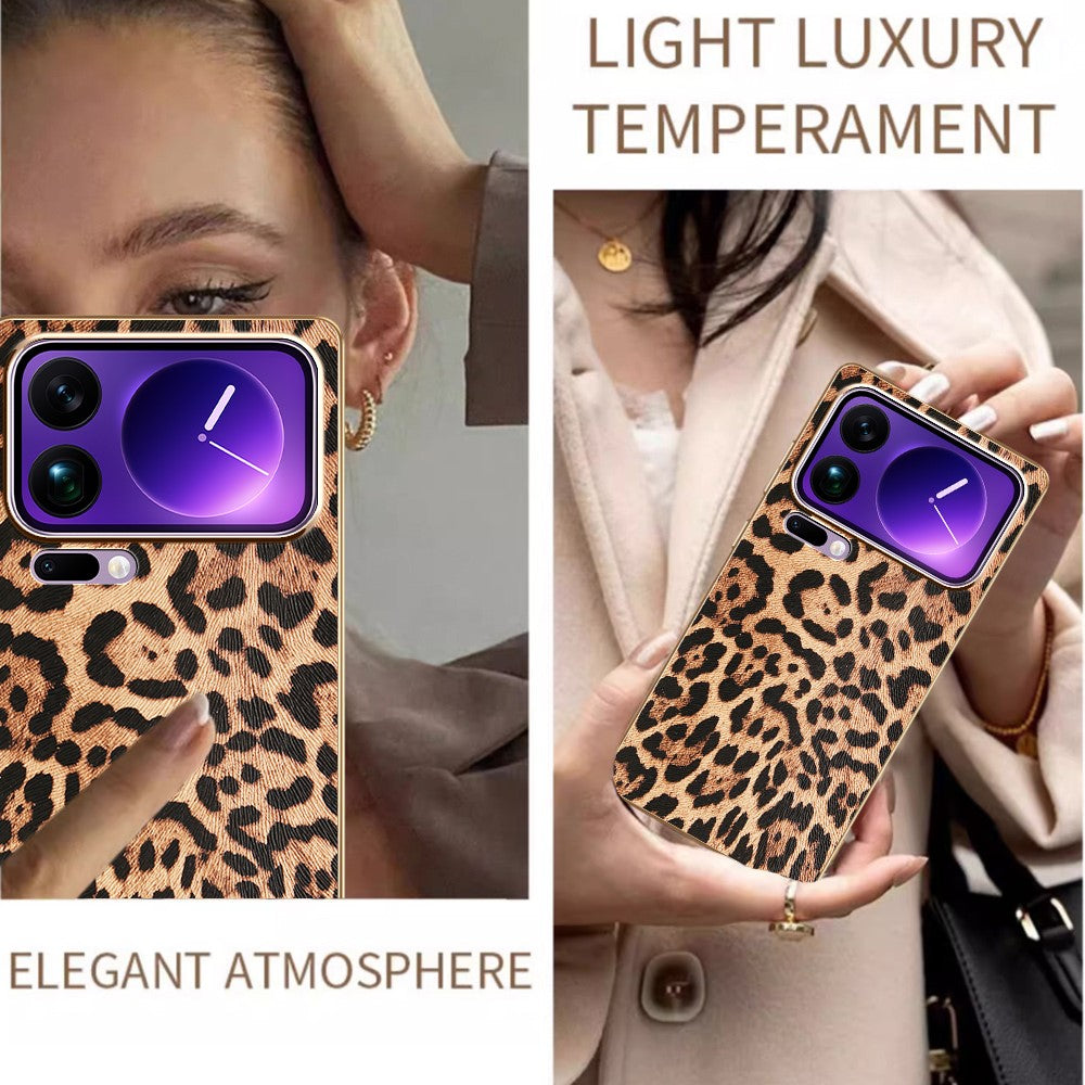 For Xiaomi 17 Pro Max Case Leopard Print PU Leather Coated PC + TPU Electroplating Phone Cover