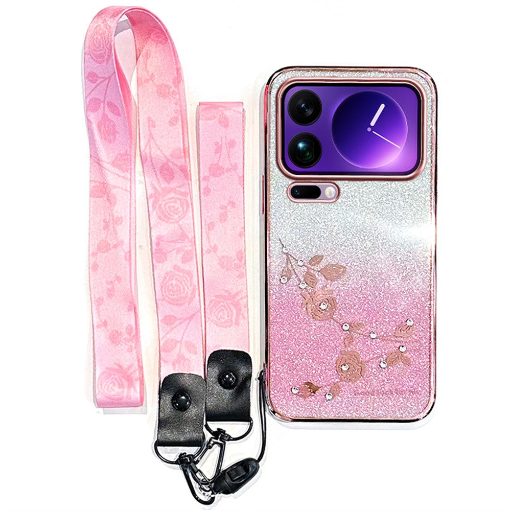 KADEM For Xiaomi 17 Pro Max Case Flower Pattern TPU Gradient Phone Cover with Lanyards - Rose Gold