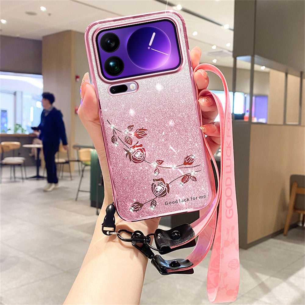 KADEM For Xiaomi 17 Pro Max Case Flower Pattern TPU Gradient Phone Cover with Lanyards - Rose Gold