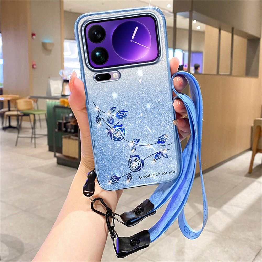 KADEM For Xiaomi 17 Pro Max Case Flower Pattern TPU Gradient Phone Cover with Lanyards - Blue