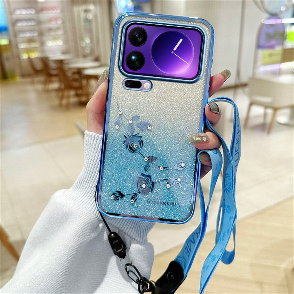 KADEM For Xiaomi 17 Pro Max Case Flower Pattern TPU Gradient Phone Cover with Lanyards - Blue