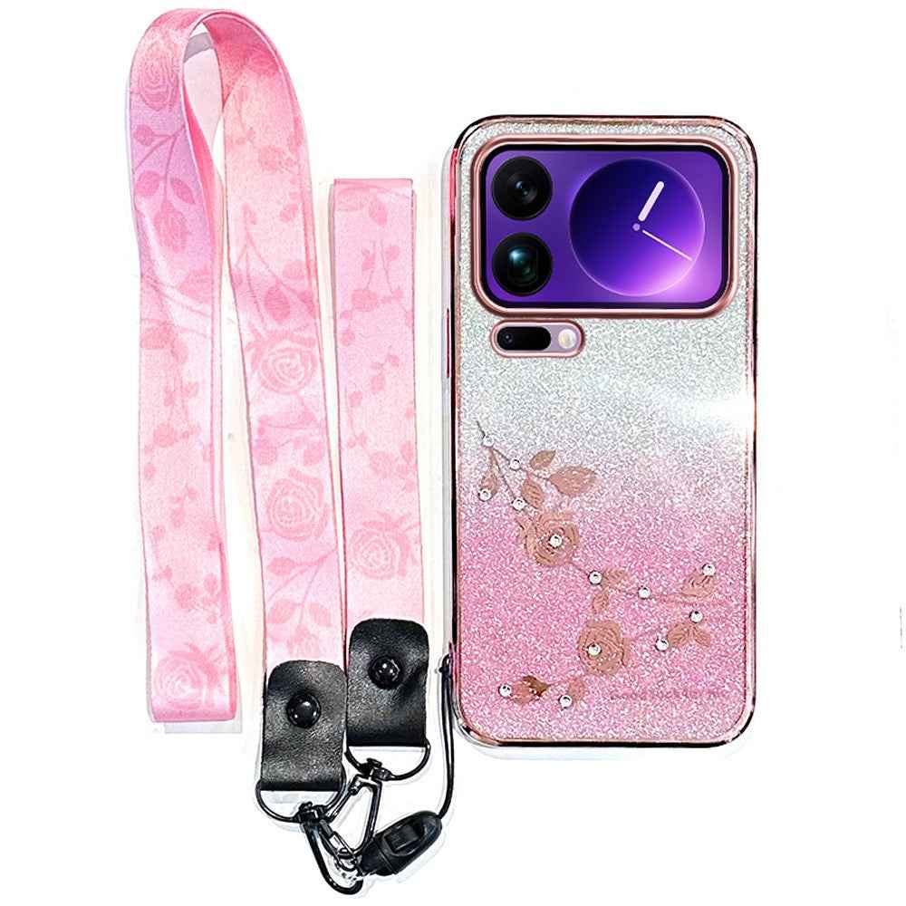 KADEM For Xiaomi 17 Pro Case Flower Pattern TPU Gradient Phone Cover with Lanyards - Rose Gold