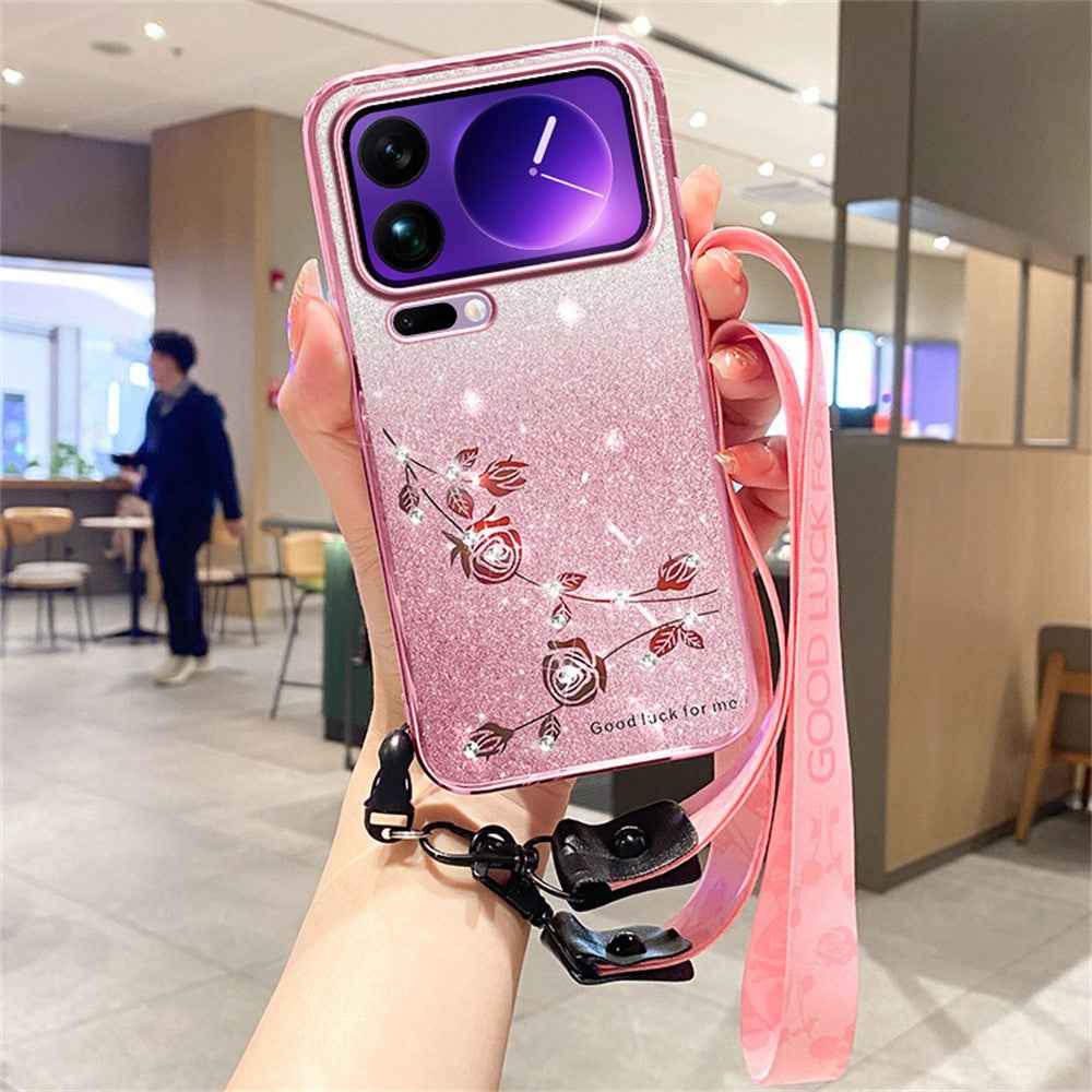 KADEM For Xiaomi 17 Pro Case Flower Pattern TPU Gradient Phone Cover with Lanyards - Rose Gold