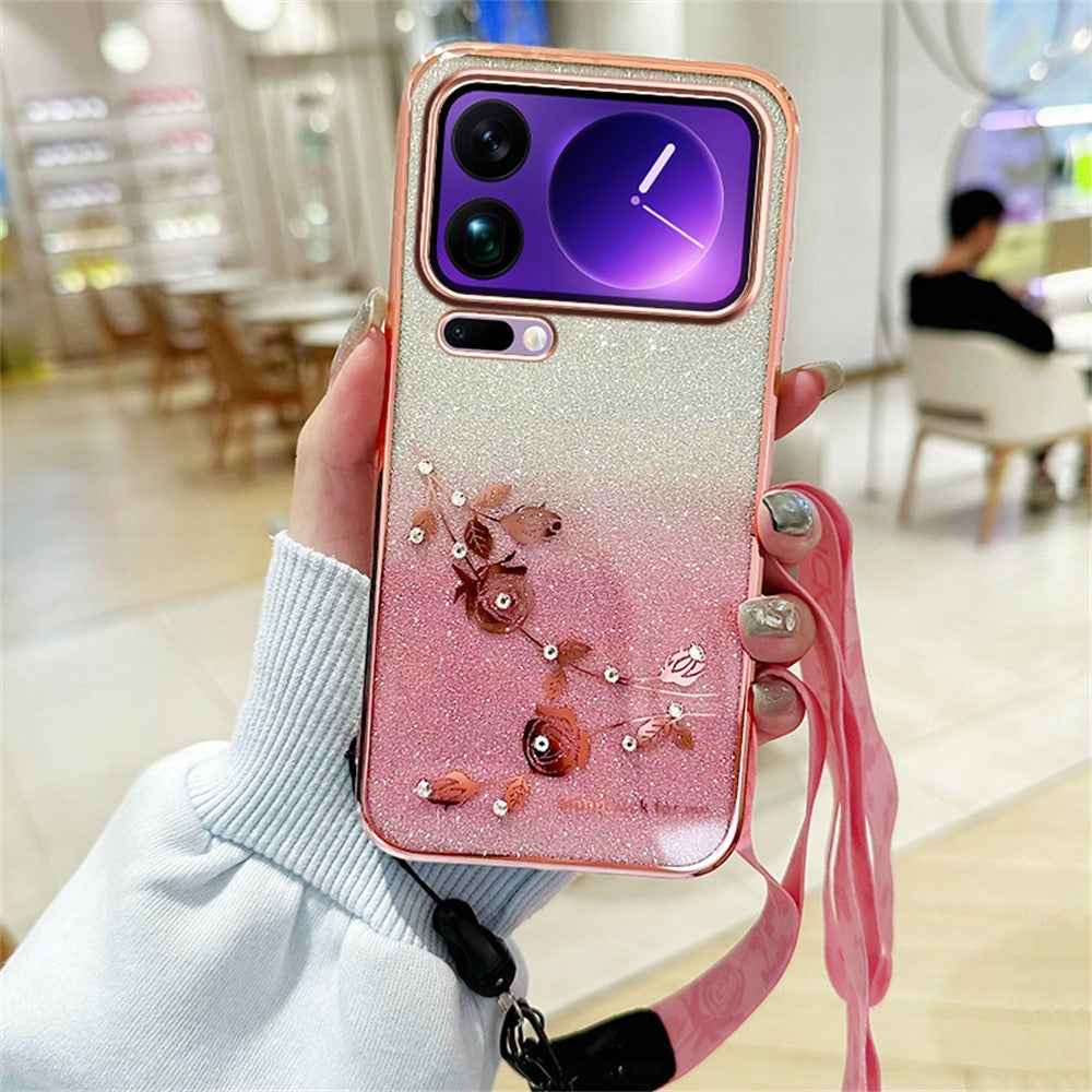 KADEM For Xiaomi 17 Pro Case Flower Pattern TPU Gradient Phone Cover with Lanyards - Rose Gold