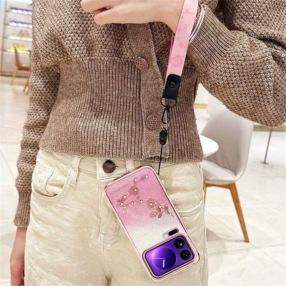 KADEM For Xiaomi 17 Pro Case Flower Pattern TPU Gradient Phone Cover with Lanyards - Rose Gold