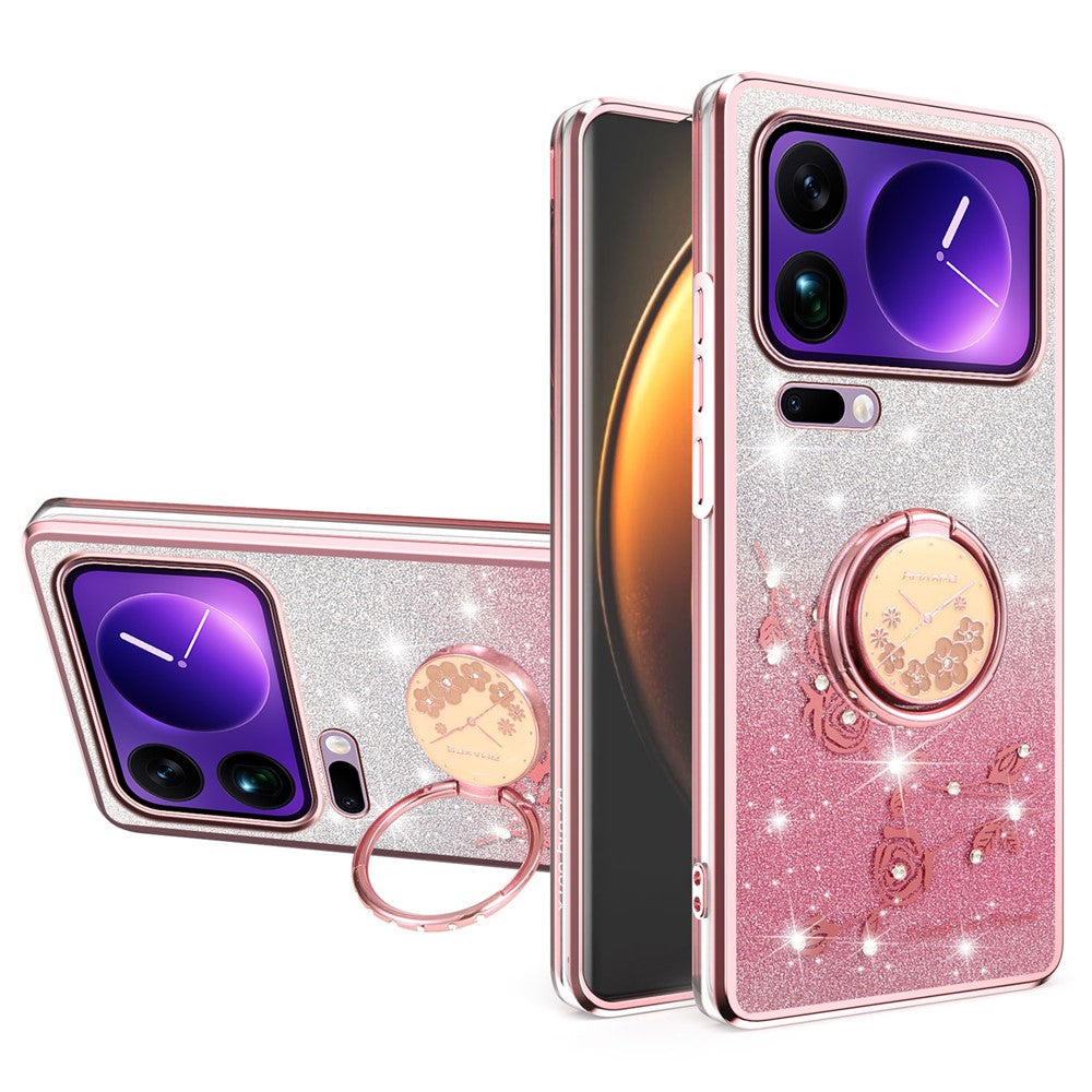 KADEM For Xiaomi 17 Pro Max Case Ring Kickstand TPU Flowers Phone Cover Gradient Glitter - Rose Gold