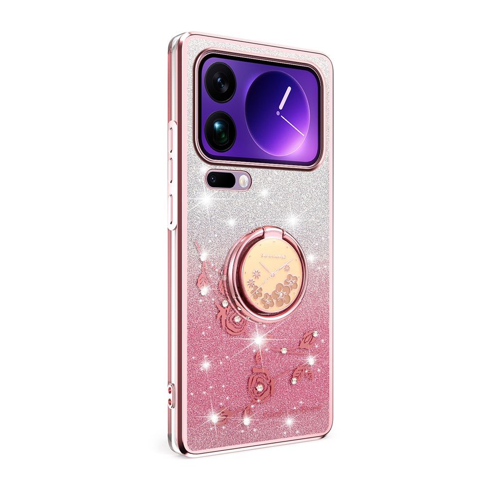 KADEM For Xiaomi 17 Pro Max Case Ring Kickstand TPU Flowers Phone Cover Gradient Glitter - Rose Gold