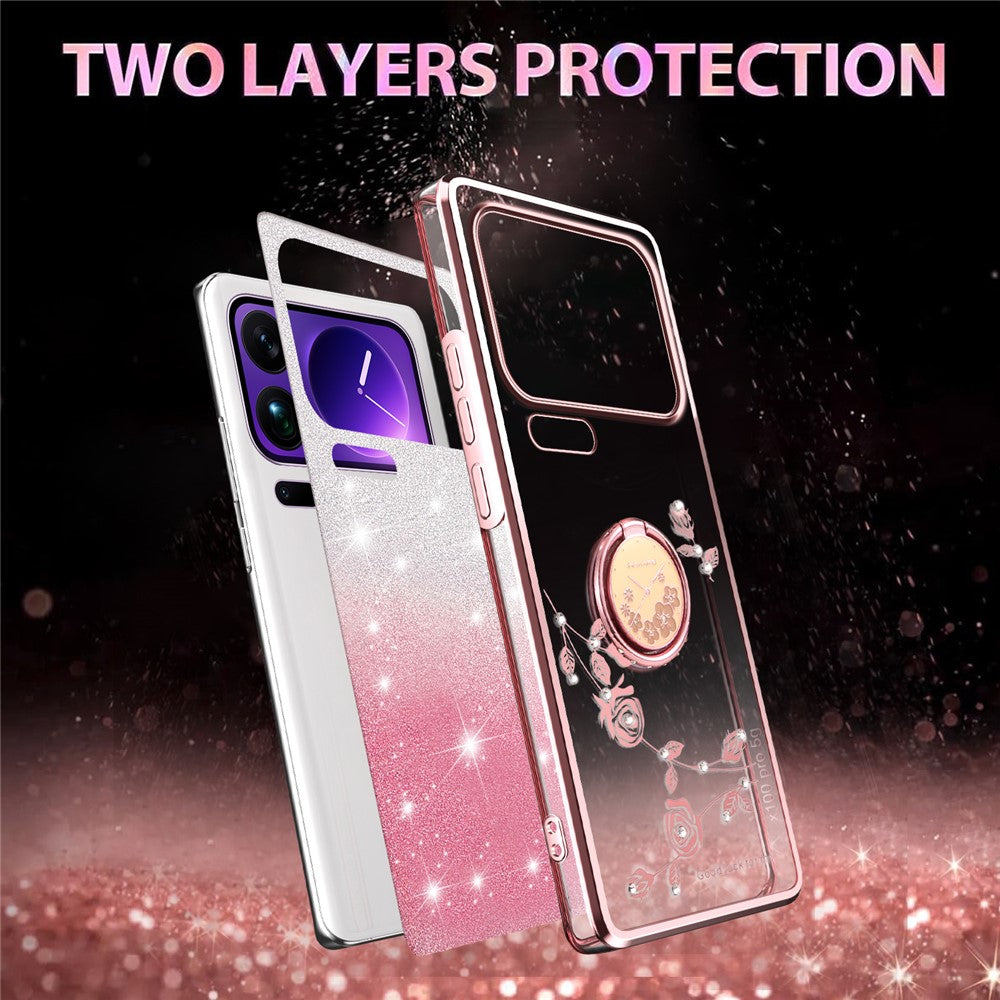 KADEM For Xiaomi 17 Pro Max Case Ring Kickstand TPU Flowers Phone Cover Gradient Glitter - Rose Gold
