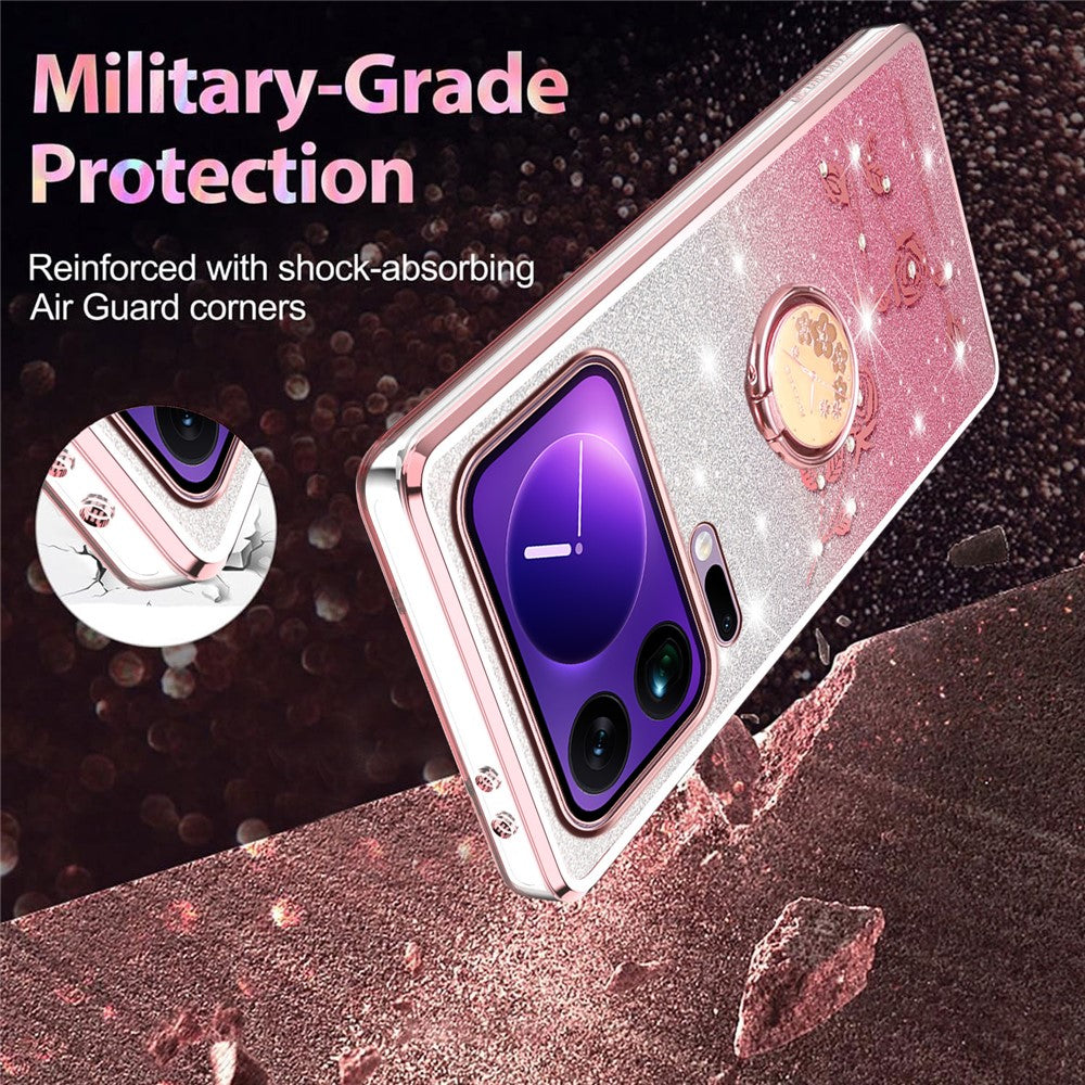 KADEM For Xiaomi 17 Pro Max Case Ring Kickstand TPU Flowers Phone Cover Gradient Glitter - Rose Gold