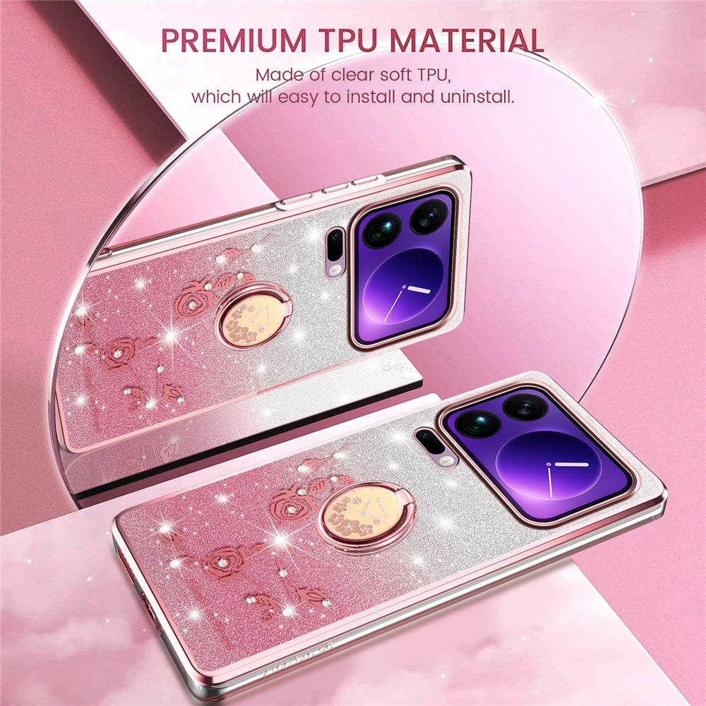 KADEM For Xiaomi 17 Pro Max Case Ring Kickstand TPU Flowers Phone Cover Gradient Glitter - Rose Gold