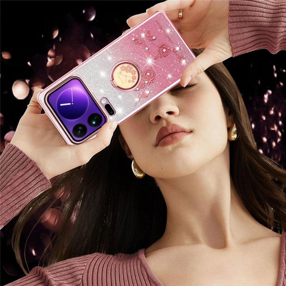 KADEM For Xiaomi 17 Pro Max Case Ring Kickstand TPU Flowers Phone Cover Gradient Glitter - Rose Gold