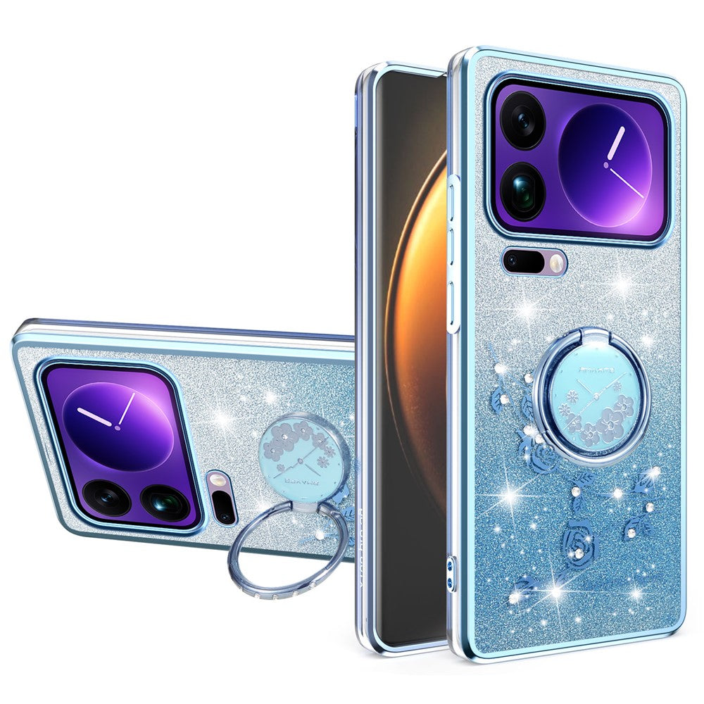 KADEM For Xiaomi 17 Pro Max Case Ring Kickstand TPU Flowers Phone Cover Gradient Glitter - Blue