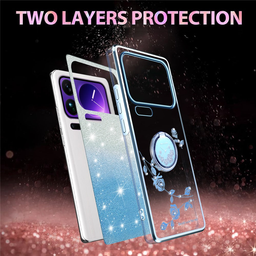 KADEM For Xiaomi 17 Pro Max Case Ring Kickstand TPU Flowers Phone Cover Gradient Glitter - Blue