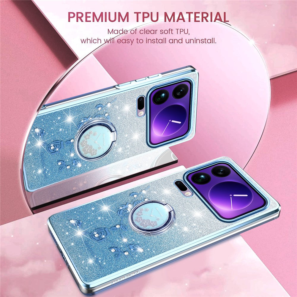 KADEM For Xiaomi 17 Pro Max Case Ring Kickstand TPU Flowers Phone Cover Gradient Glitter - Blue
