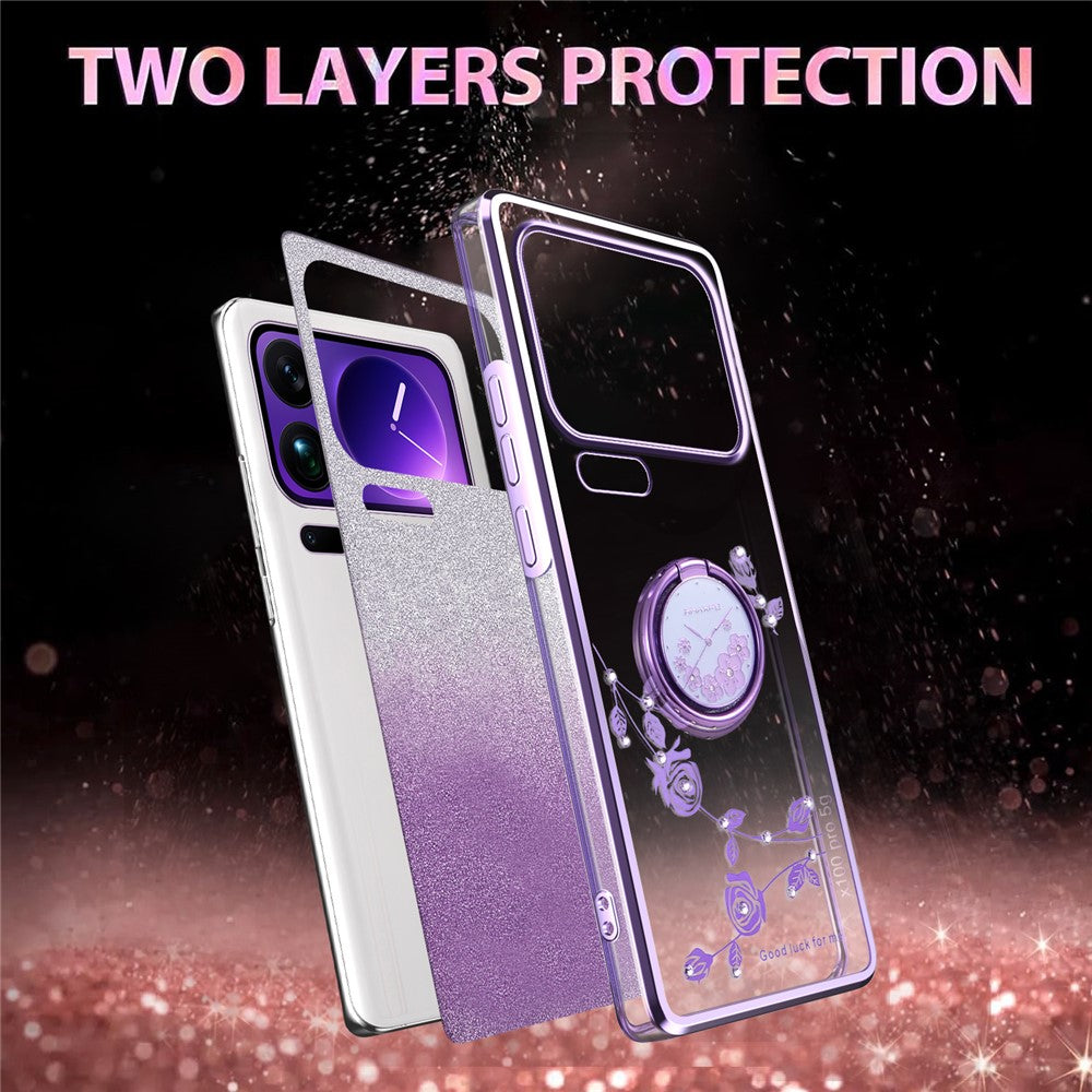 KADEM For Xiaomi 17 Pro Max Case Ring Kickstand TPU Flowers Phone Cover Gradient Glitter - Purple