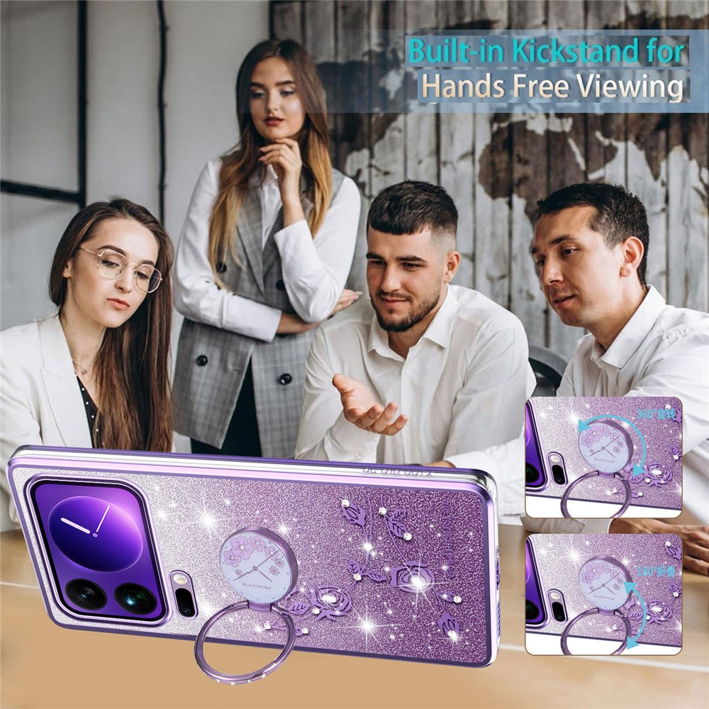 KADEM For Xiaomi 17 Pro Max Case Ring Kickstand TPU Flowers Phone Cover Gradient Glitter - Purple
