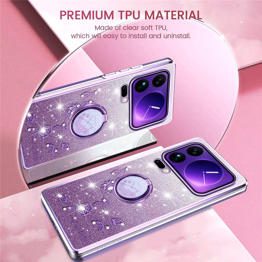 KADEM For Xiaomi 17 Pro Max Case Ring Kickstand TPU Flowers Phone Cover Gradient Glitter - Purple