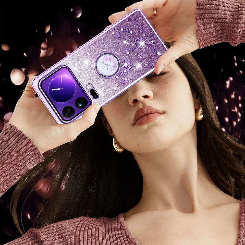 KADEM For Xiaomi 17 Pro Max Case Ring Kickstand TPU Flowers Phone Cover Gradient Glitter - Purple