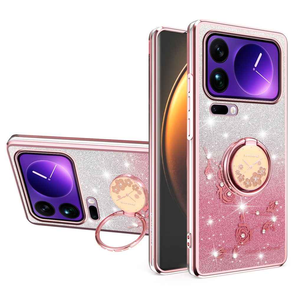 KADEM For Xiaomi 17 Pro Case Ring Kickstand TPU Flowers Phone Cover Gradient Glitter - Rose Gold