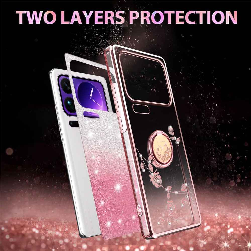 KADEM For Xiaomi 17 Pro Case Ring Kickstand TPU Flowers Phone Cover Gradient Glitter - Rose Gold