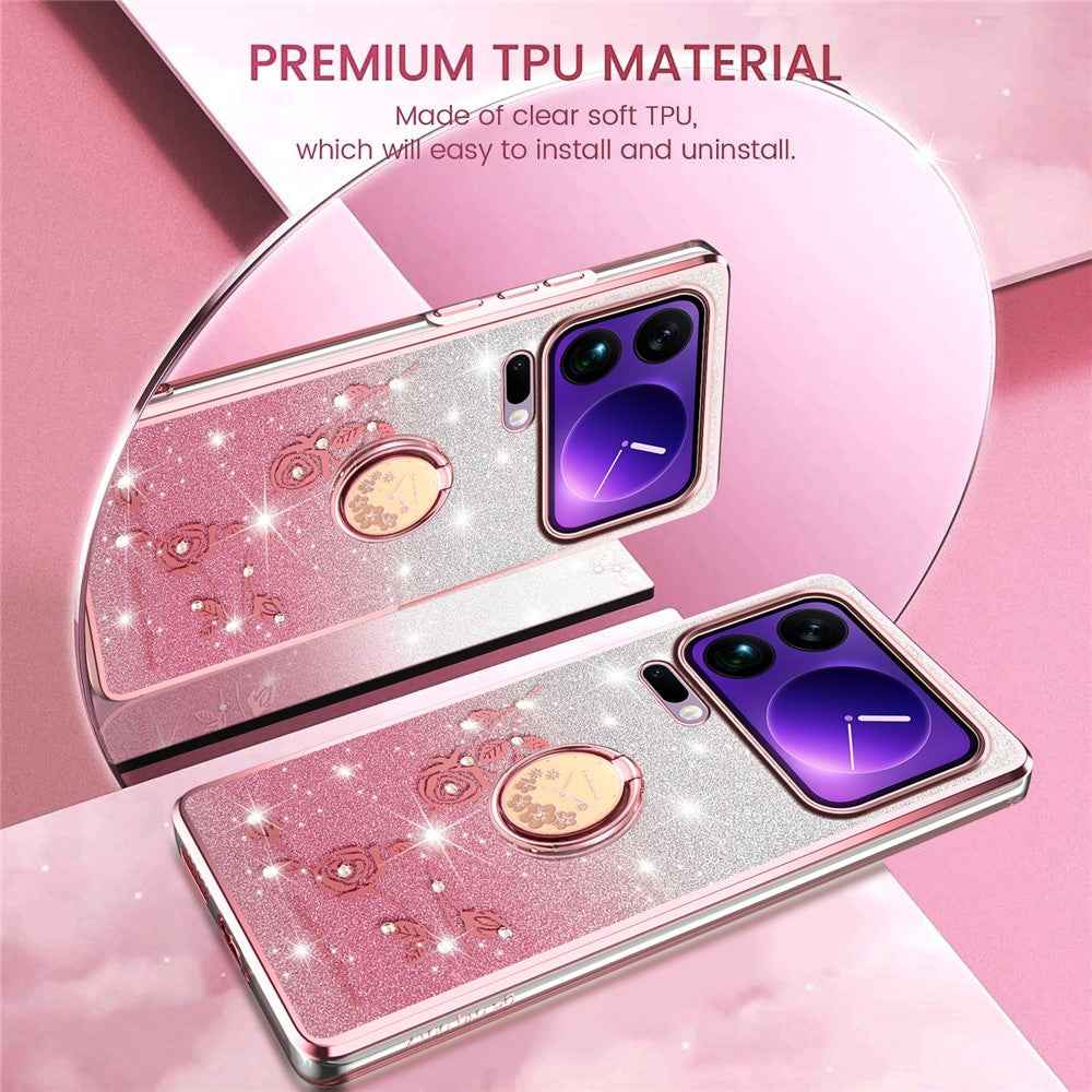 KADEM For Xiaomi 17 Pro Case Ring Kickstand TPU Flowers Phone Cover Gradient Glitter - Rose Gold