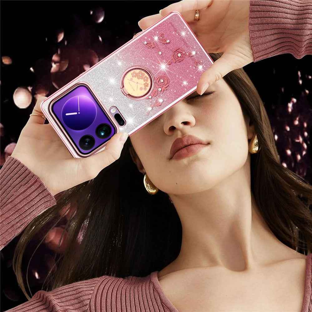 KADEM For Xiaomi 17 Pro Case Ring Kickstand TPU Flowers Phone Cover Gradient Glitter - Rose Gold