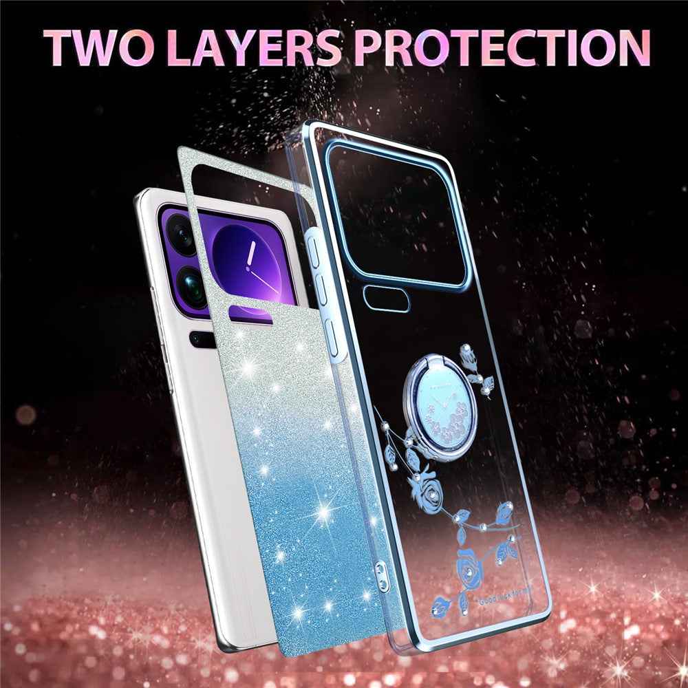 KADEM For Xiaomi 17 Pro Case Ring Kickstand TPU Flowers Phone Cover Gradient Glitter - Blue