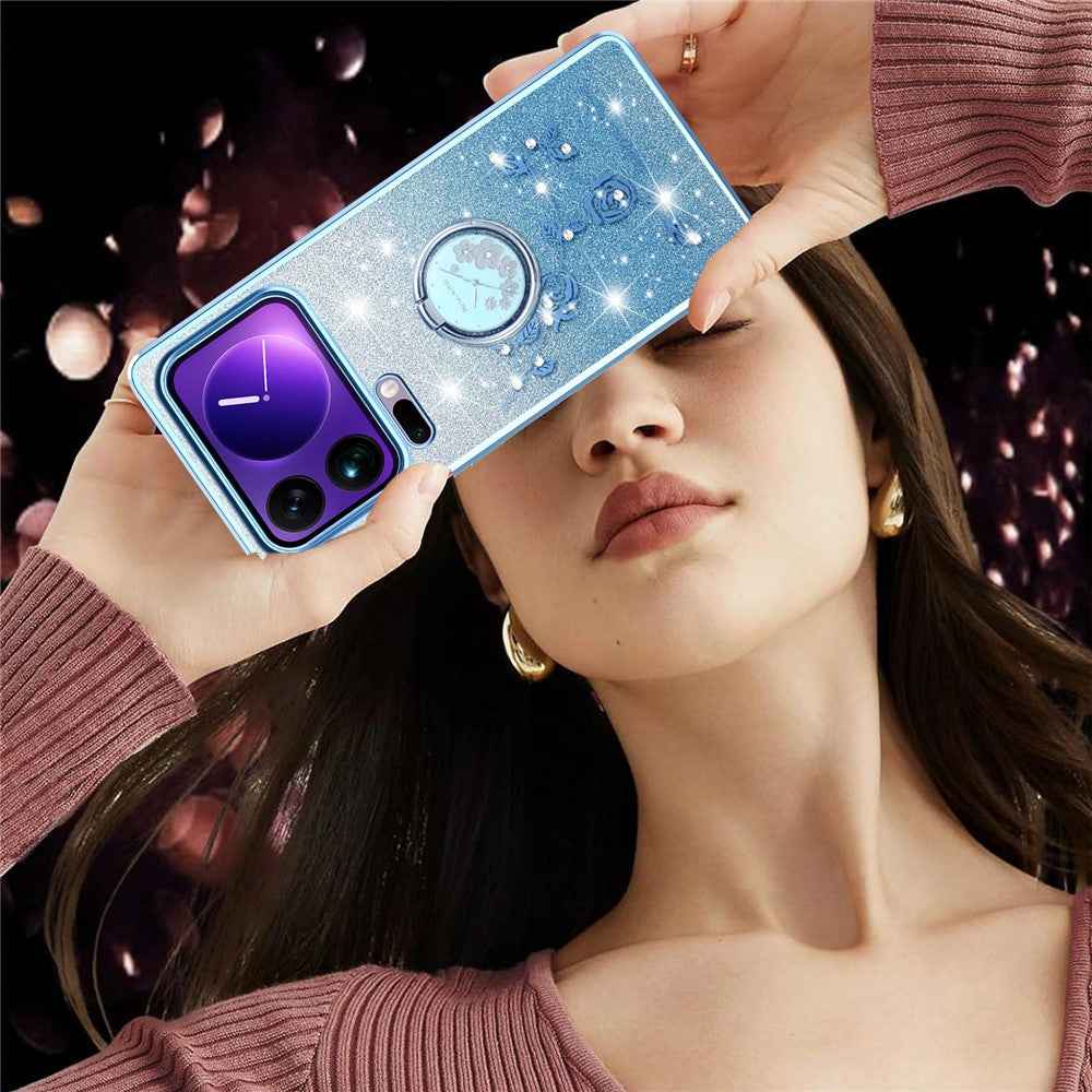 KADEM For Xiaomi 17 Pro Case Ring Kickstand TPU Flowers Phone Cover Gradient Glitter - Blue