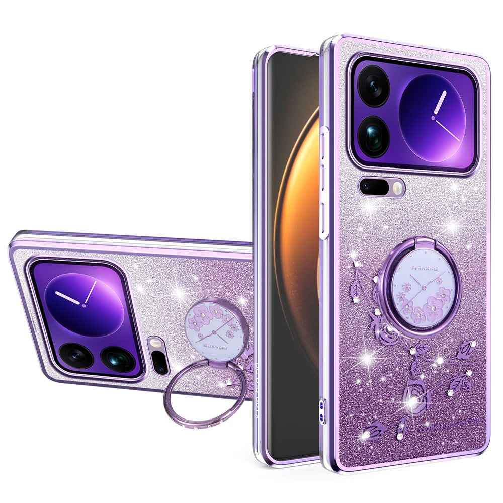 KADEM For Xiaomi 17 Pro Case Ring Kickstand TPU Flowers Phone Cover Gradient Glitter - Purple