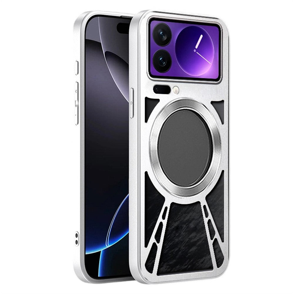 For Xiaomi 17 Pro Max Magnetic Case Hollow Heat Dissipation Silicone + PC + Metal Bumper Phone Cover - Silver
