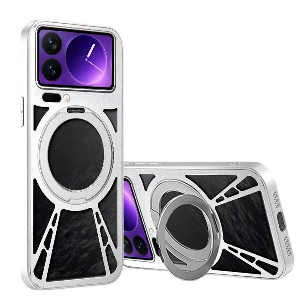 For Xiaomi 17 Pro Case Magnetic Kickstand Hollow Heat Dissipation Silicone + PC + Metal Bumper Phone Cover - Silver
