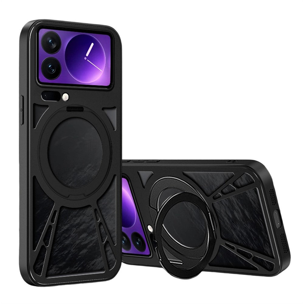 For Xiaomi 17 Pro Max Case Magnetic Kickstand Hollow Heat Dissipation Silicone + PC + Metal Bumper Phone Cover - Black