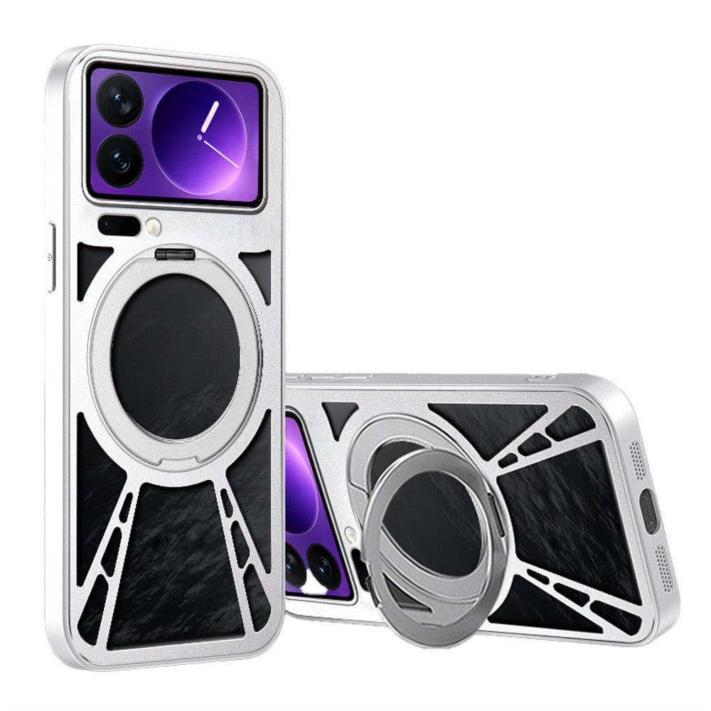 For Xiaomi 17 Pro Max Case Magnetic Kickstand Hollow Heat Dissipation Silicone + PC + Metal Bumper Phone Cover - Silver