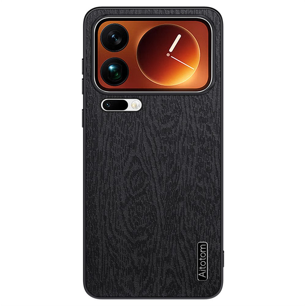 For Xiaomi 17 Pro Max Case Wood Texture PU Leather Coated PC TPU Phone Cover - Black