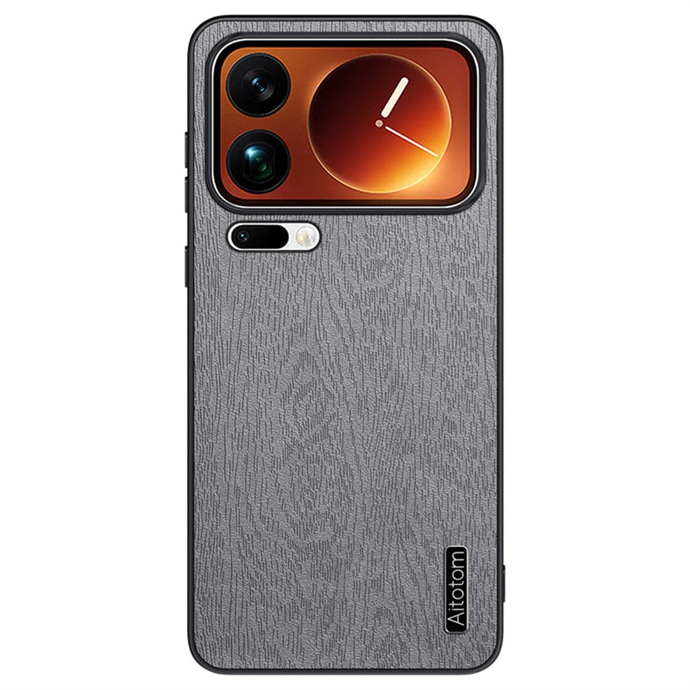 For Xiaomi 17 Pro Max Case Wood Texture PU Leather Coated PC TPU Phone Cover - Grey