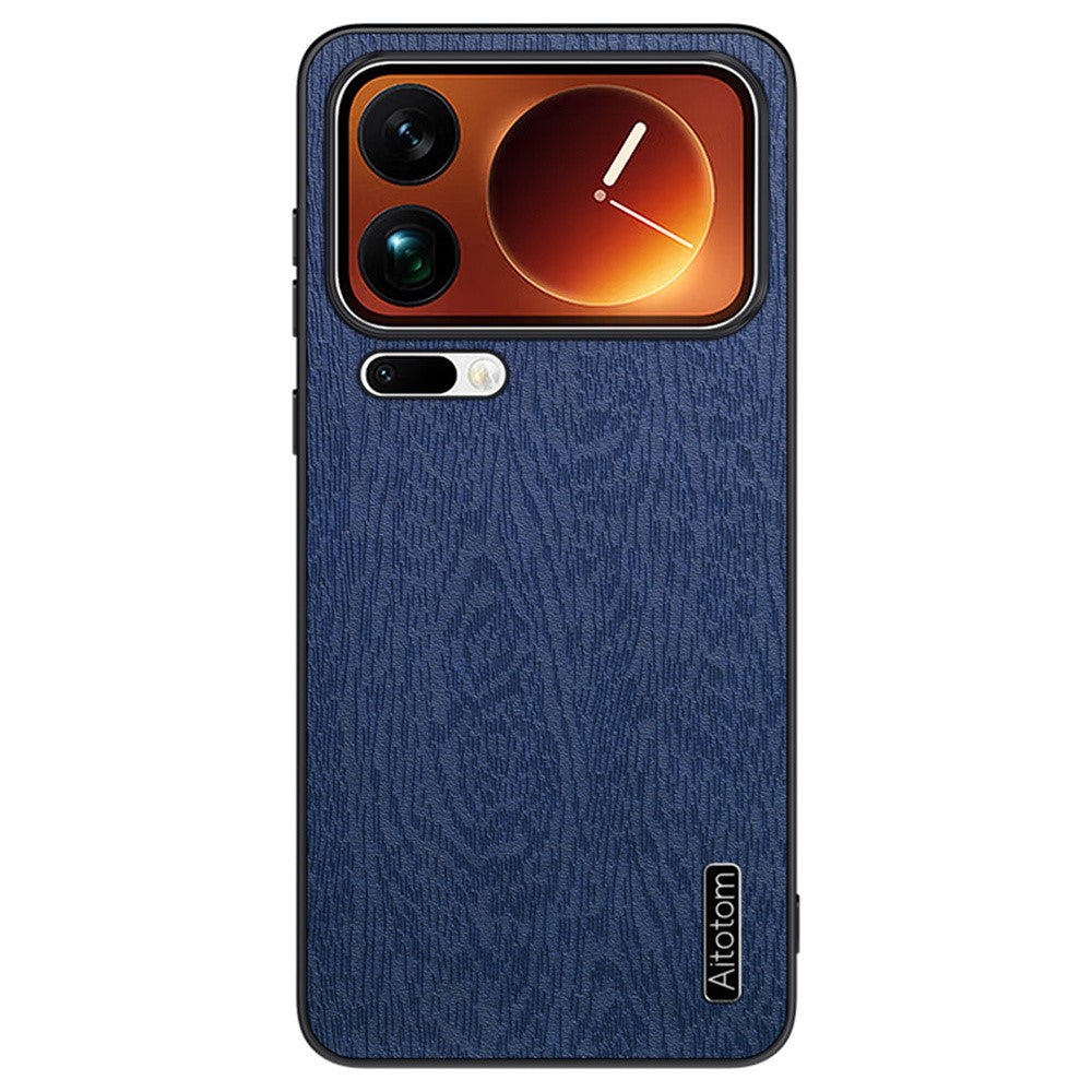 For Xiaomi 17 Pro Max Case Wood Texture PU Leather Coated PC TPU Phone Cover - Blue
