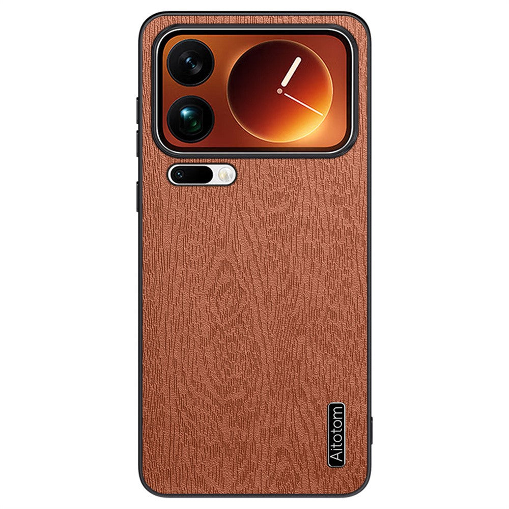 For Xiaomi 17 Pro Max Case Wood Texture PU Leather Coated PC TPU Phone Cover - Brown